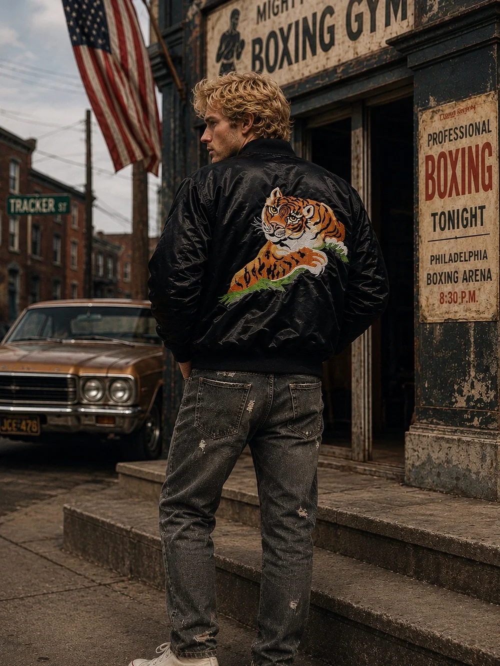 Sly Stallone Shop Rocky II Tiger Jacket Men’s S Black Satin Embroidered Bomber